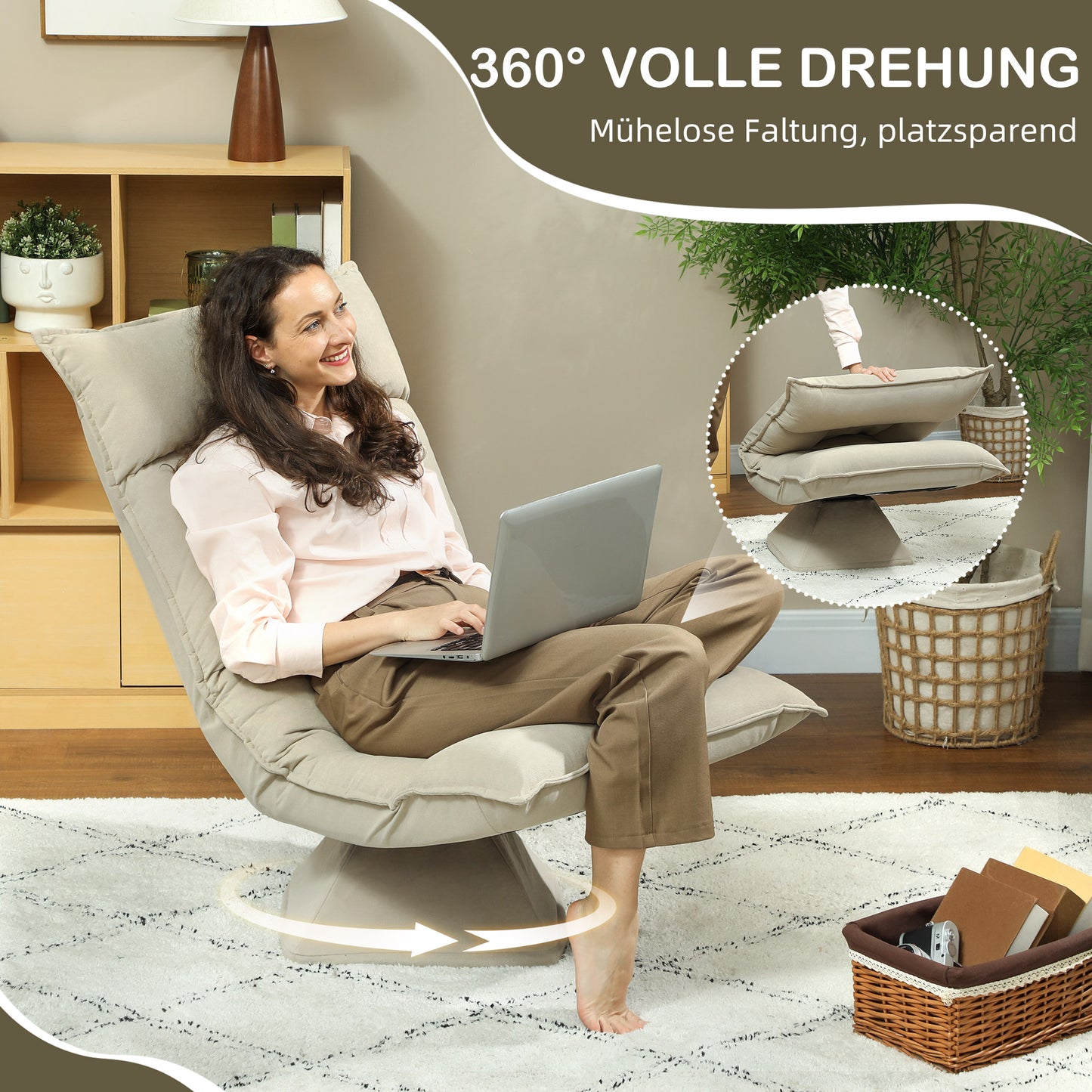 Adjustable Floor Chair, 360° Swivel, Beige, Steel Frame