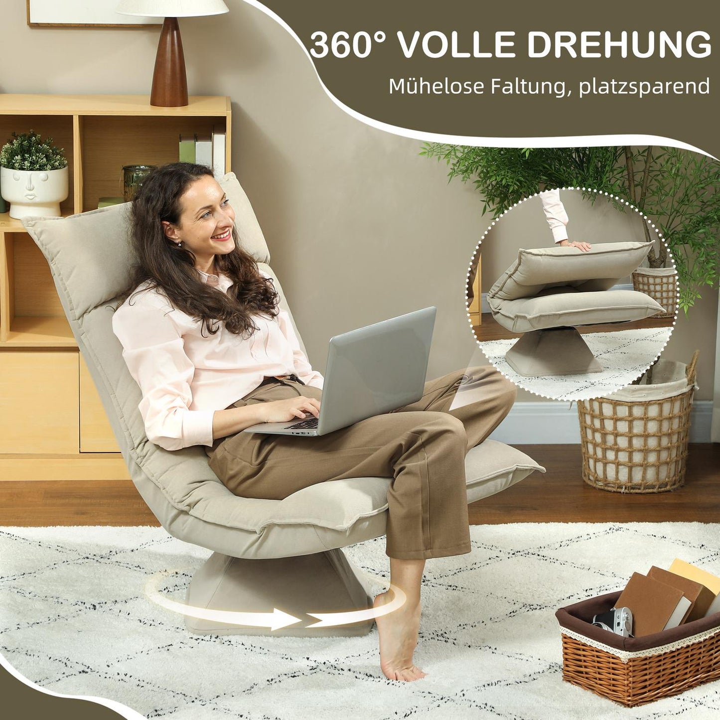 Adjustable Floor Chair, 360° Swivel, Beige, Steel Frame