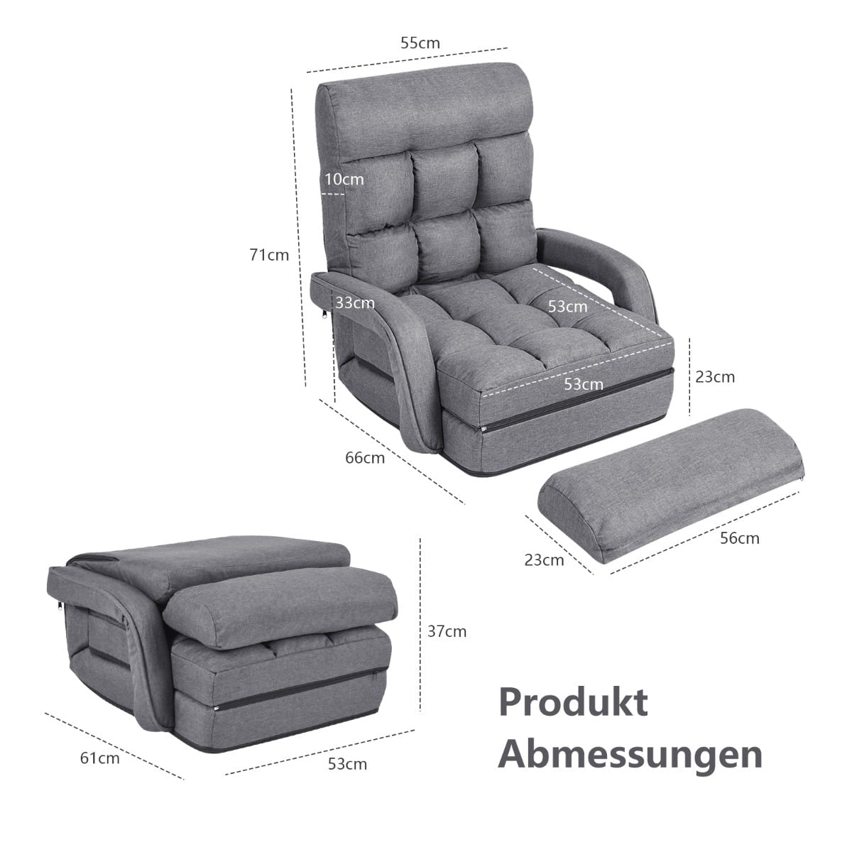 Adjustable Floor Sofa Bed with Reclining Backrest, Gray