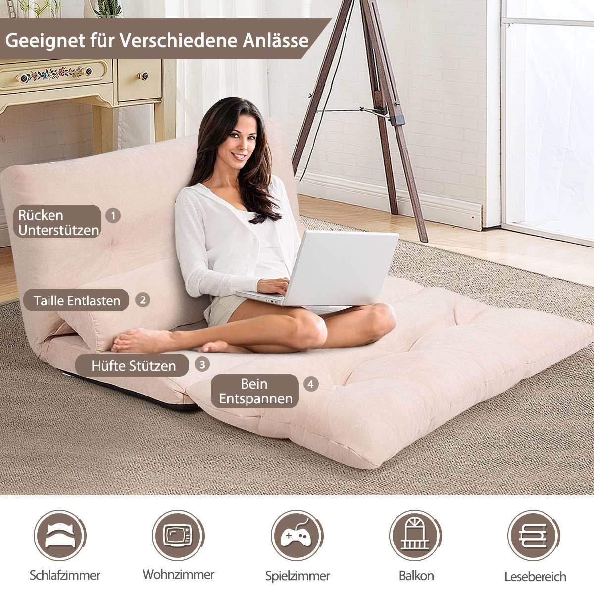 Adjustable Floor Sofa with Cushions, Beige, 180 x 98 cm