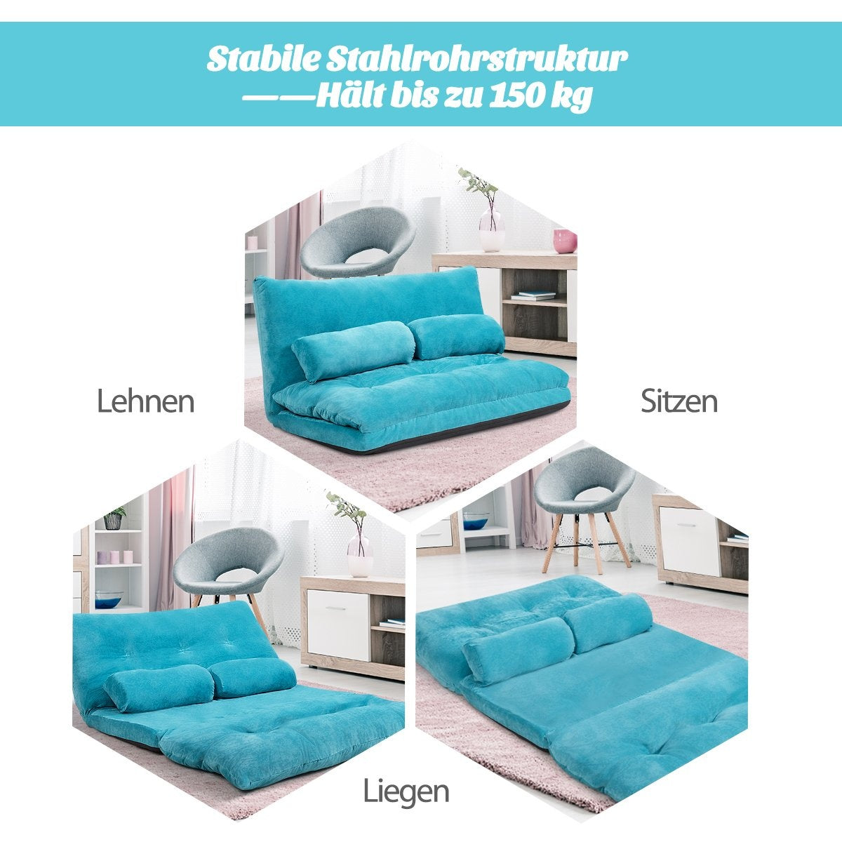 Adjustable Floor Sofa with Cushions, Blue, 180 x 98 cm
