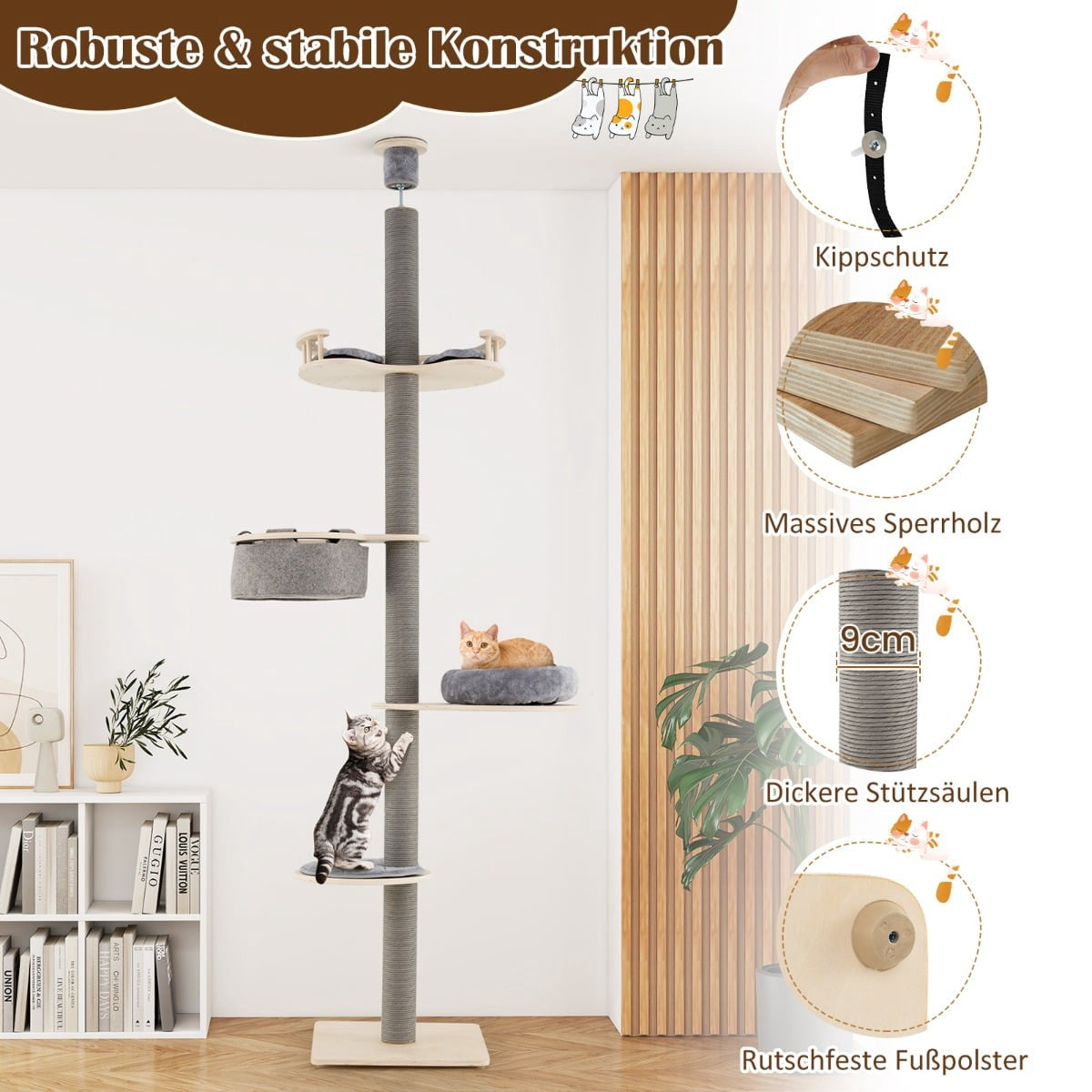 Adjustable Floor-to-Ceiling Cat Tree, 236-271 cm, Gray