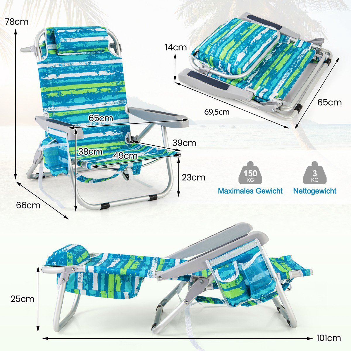 Adjustable Folding Beach Chair Set with Headrest and Storage