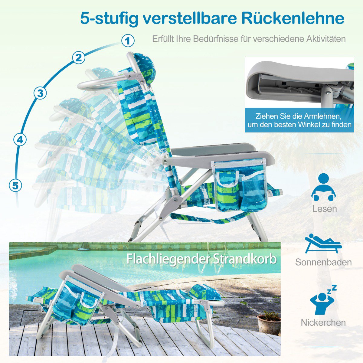 Adjustable Folding Beach Chair Set with Headrest and Storage