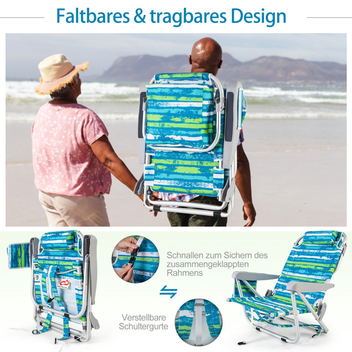 Adjustable Folding Beach Chair Set with Headrest and Storage