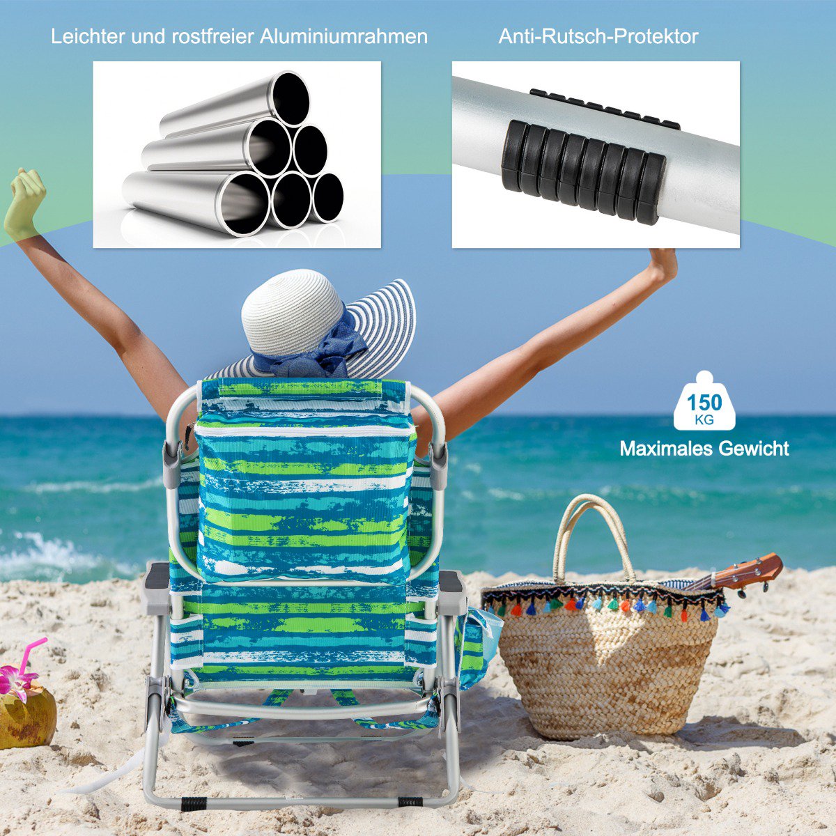 Adjustable Folding Beach Chair Set with Headrest and Storage