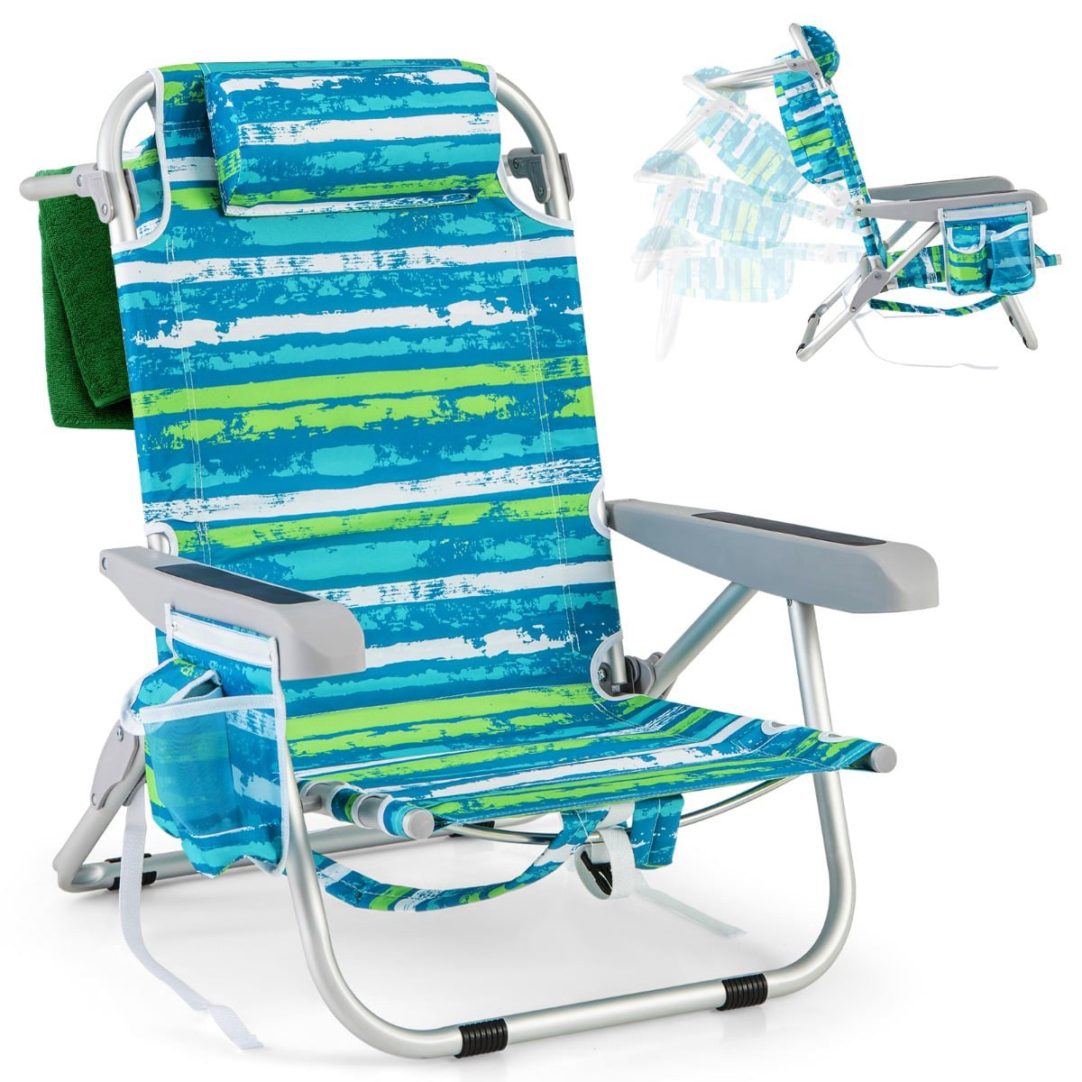 Adjustable Folding Beach Chair Set with Headrest and Storage