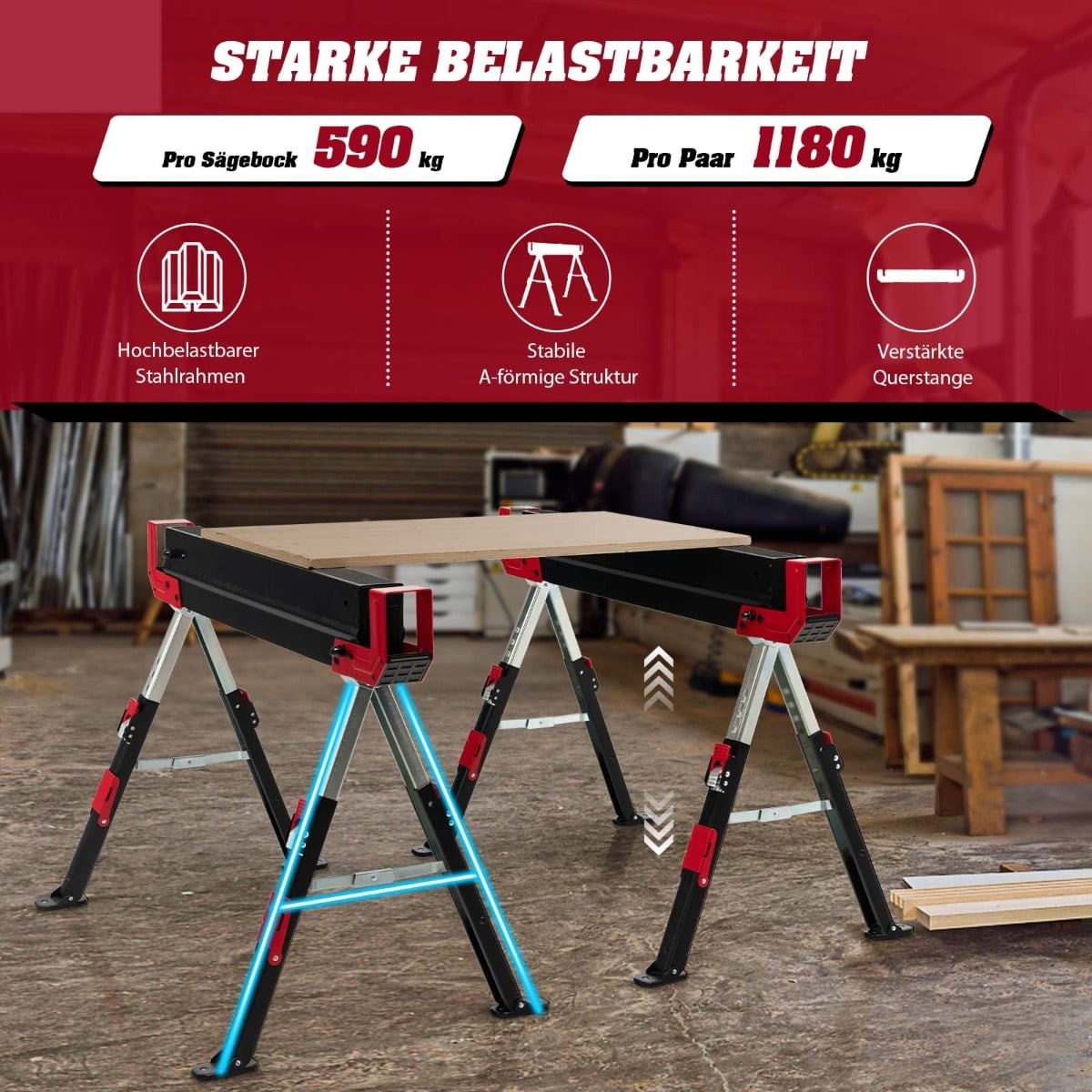 Adjustable Folding Sawhorse Set, Steel, 2-Pack, 61.5–82.7 cm