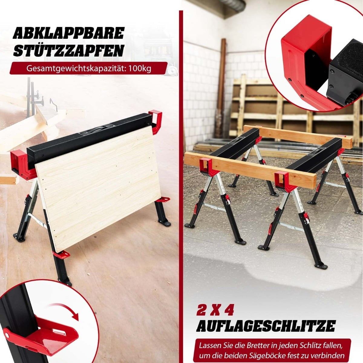 Adjustable Folding Sawhorse Set, Steel, 2-Pack, 61.5–82.7 cm
