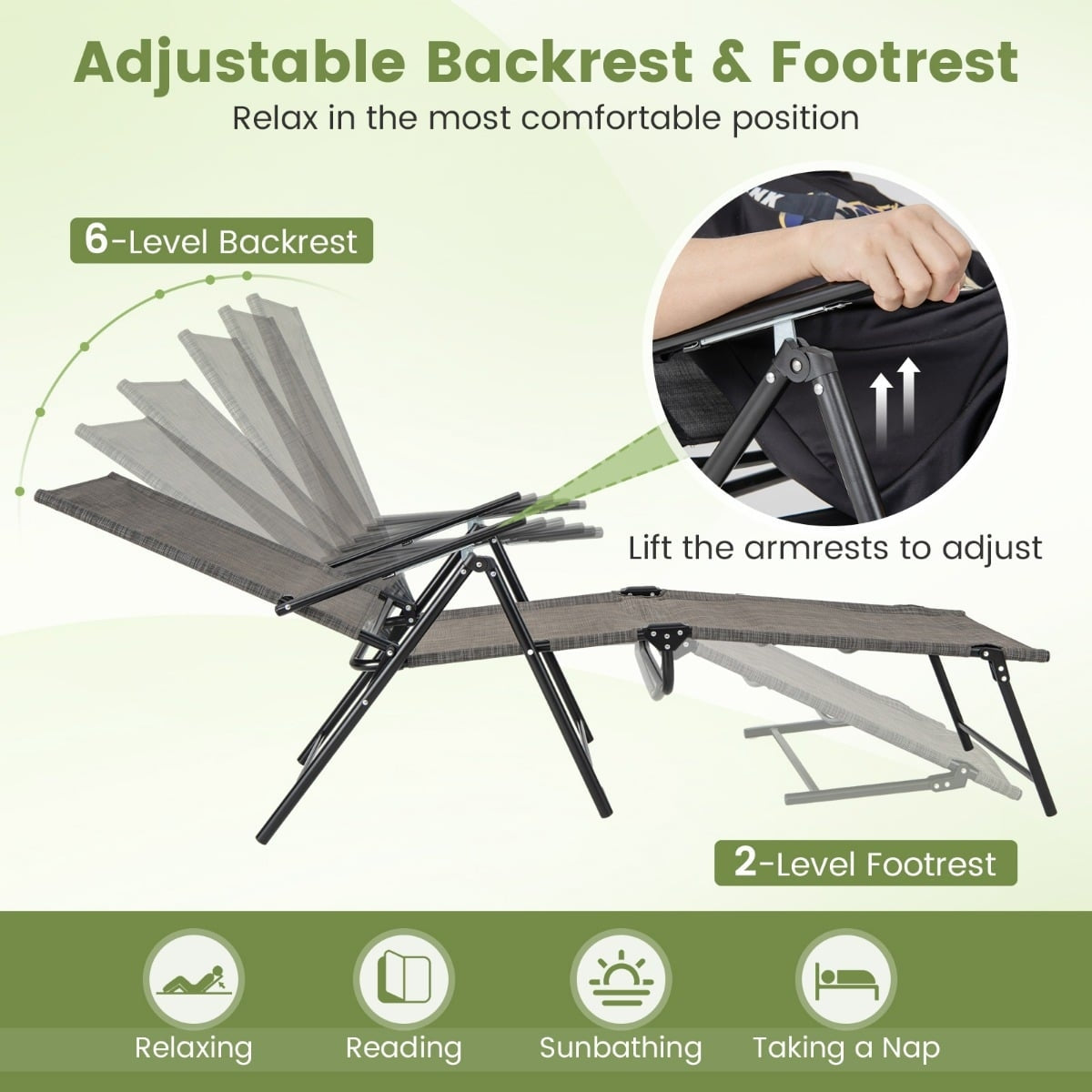 Adjustable Folding Sun Lounger Set, Black, 2-Piece