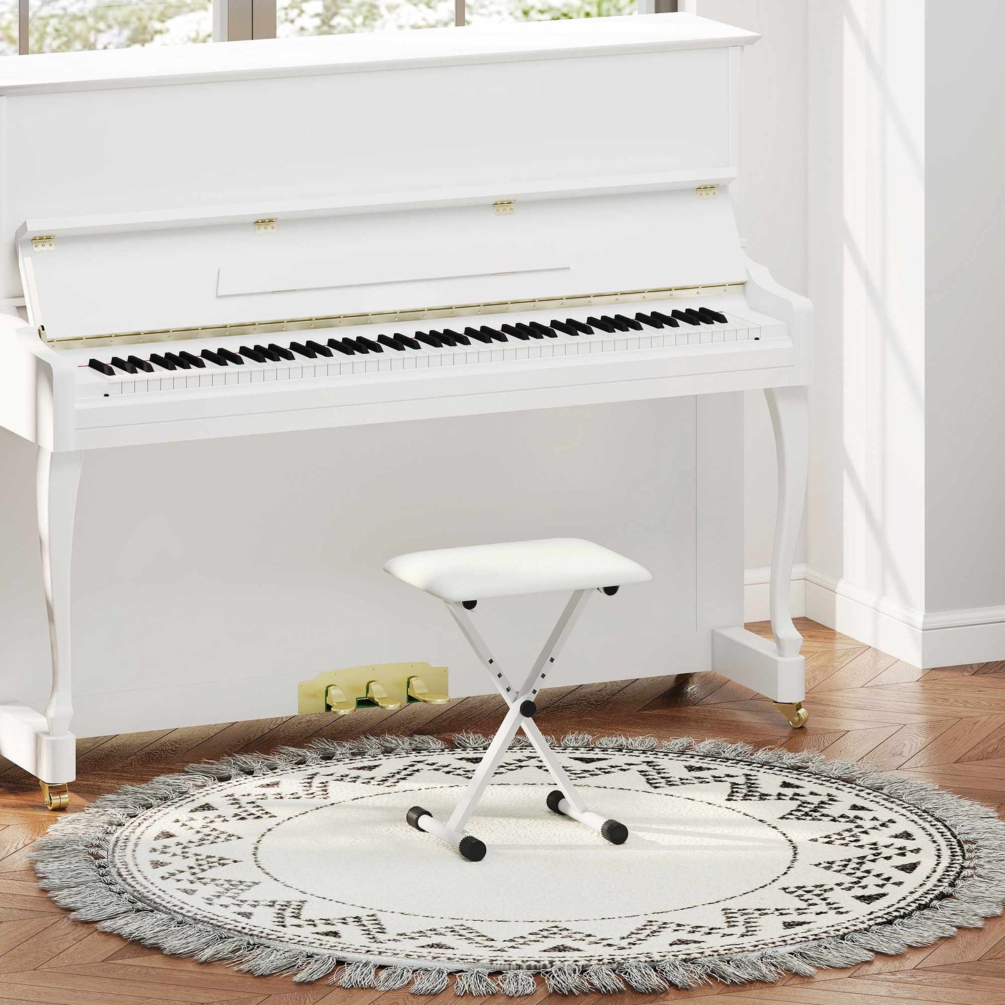 Adjustable Folding X-Frame Piano Bench with Faux Leather Cushion