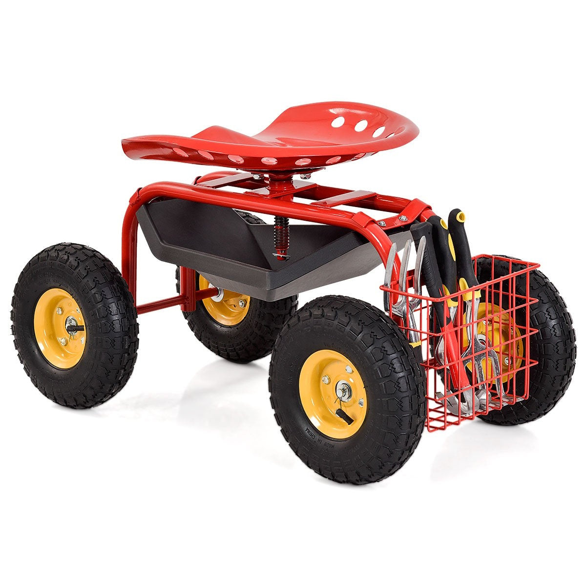 Adjustable Garden Seat with Wheels, 360° Swivel, Red