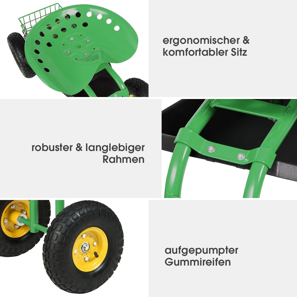 Adjustable Garden Seat with Wheels, 360° Swivel, Storage Basket