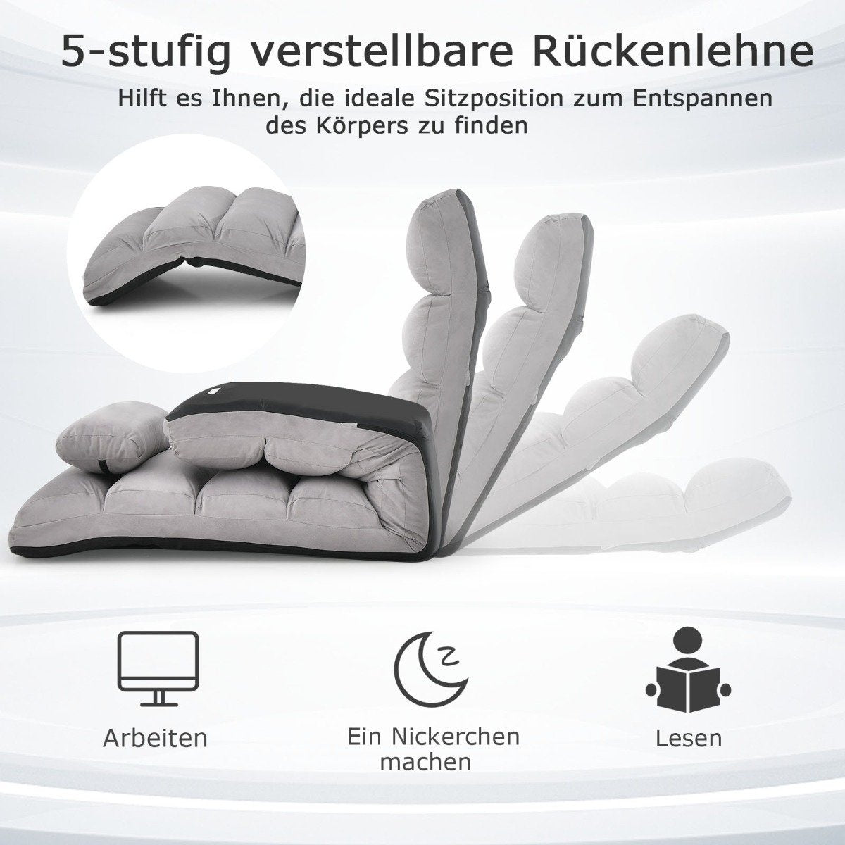 Adjustable Gray Recliner Chair – 175 x 55 x 20 cm, 5 Positions