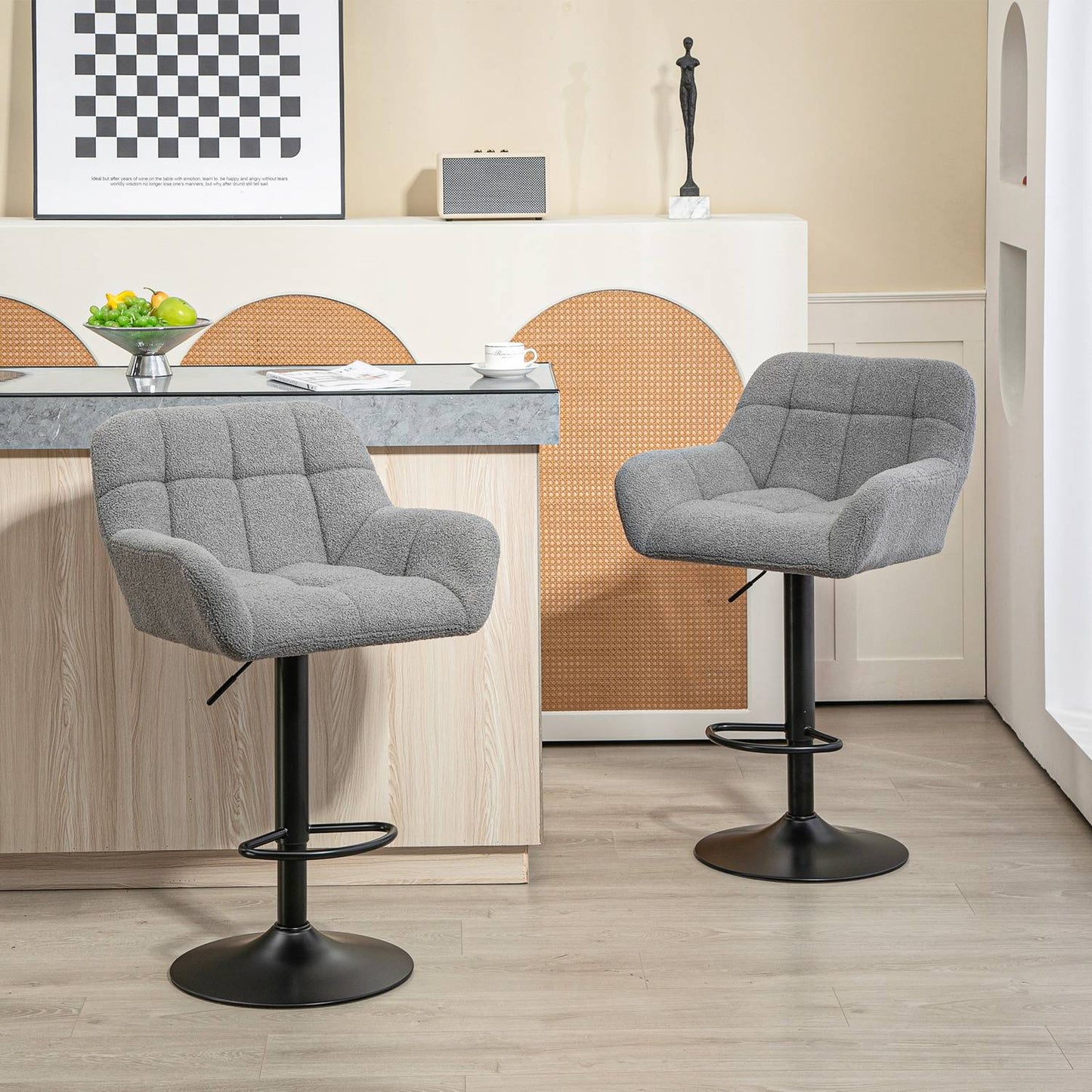 Adjustable Grey Bar Stools, Set of 2, 360° Swivel