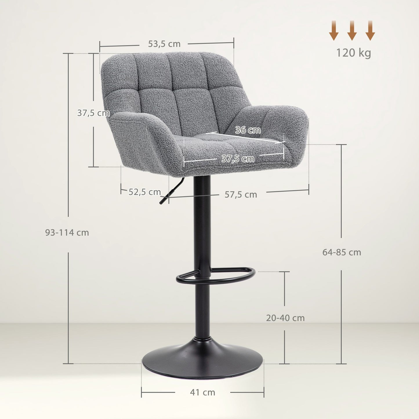 Adjustable Grey Bar Stools, Set of 2, 360° Swivel