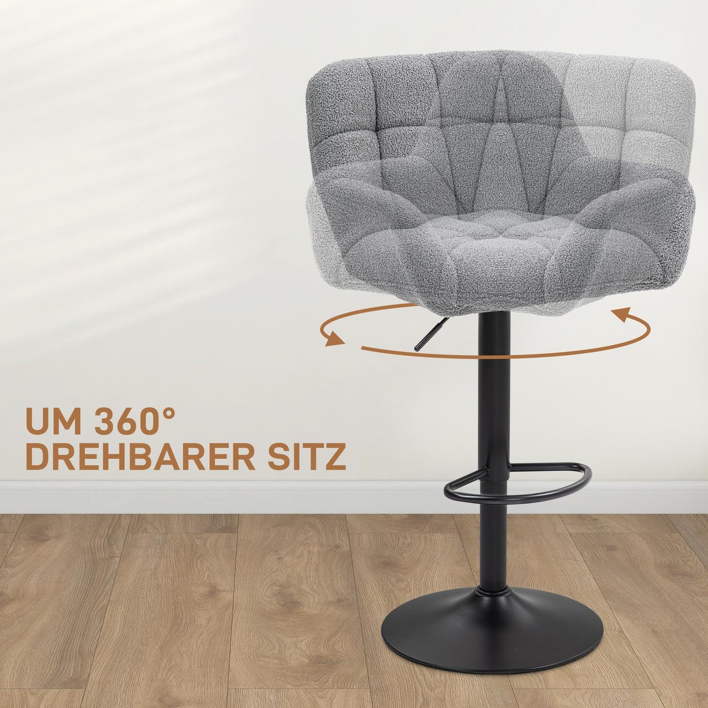 Adjustable Grey Bar Stools, Set of 2, 360° Swivel