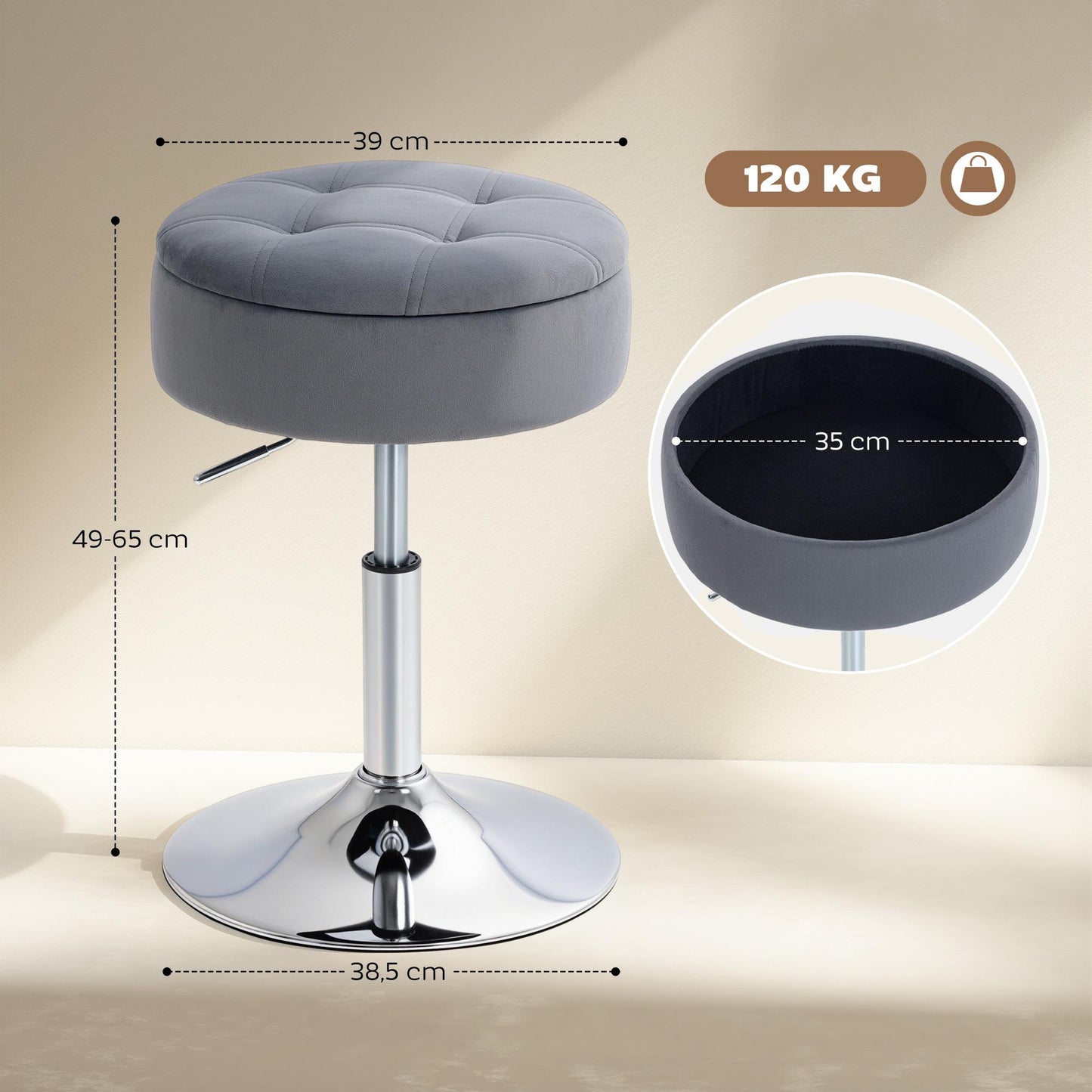 Adjustable Grey Velvet Bar Stool with Storage, 39x39x65 cm