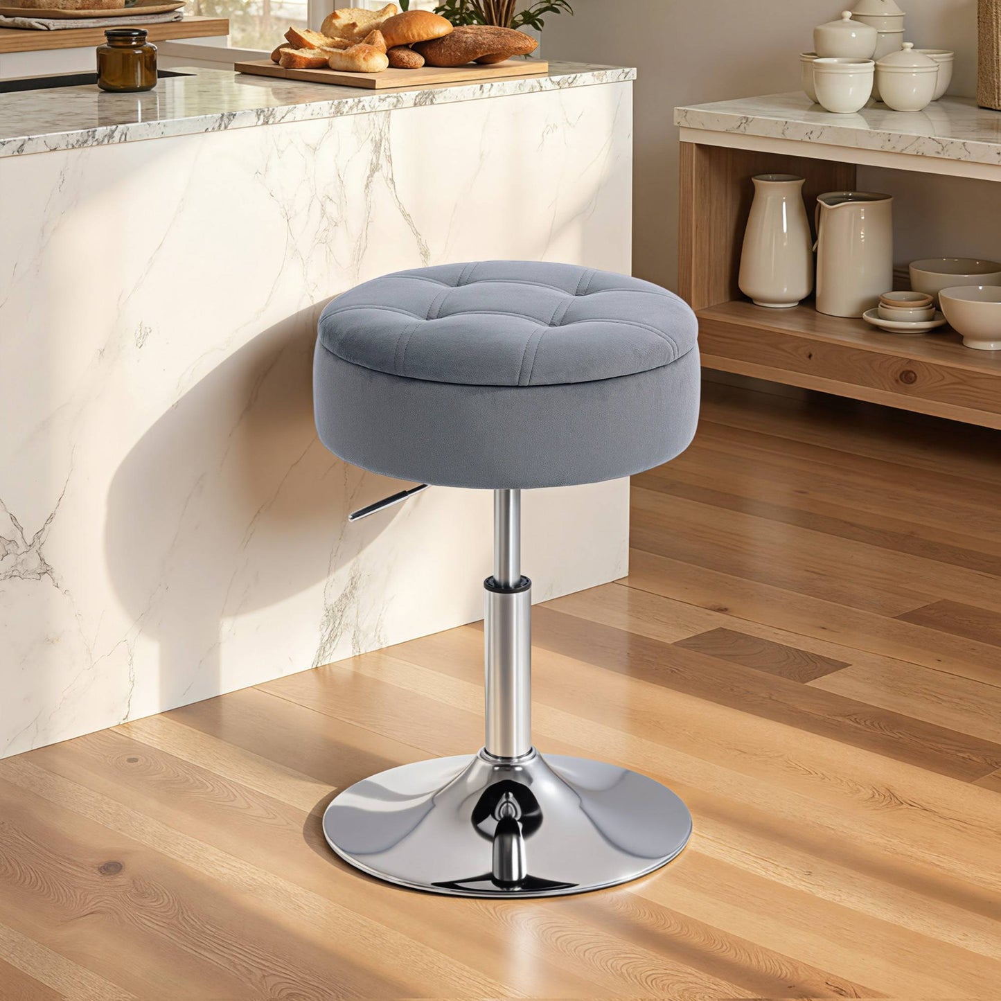 Adjustable Grey Velvet Bar Stool with Storage, 39x39x65 cm