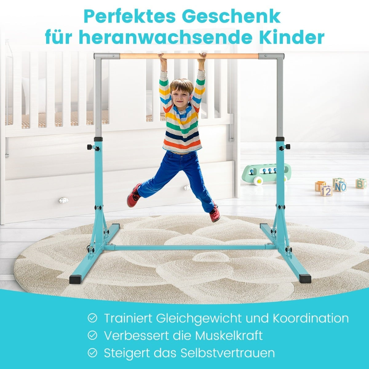 Adjustable Gymnastics Bar for Kids, Indoor Use, Green