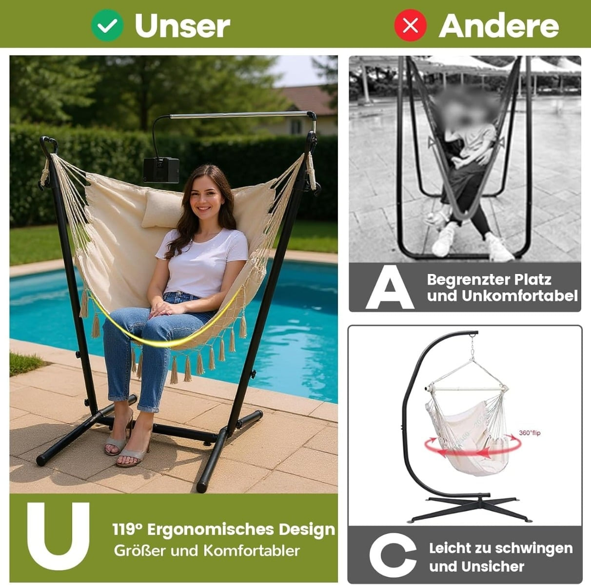Adjustable Hanging Chair with Stand, Beige, 250kg Capacity