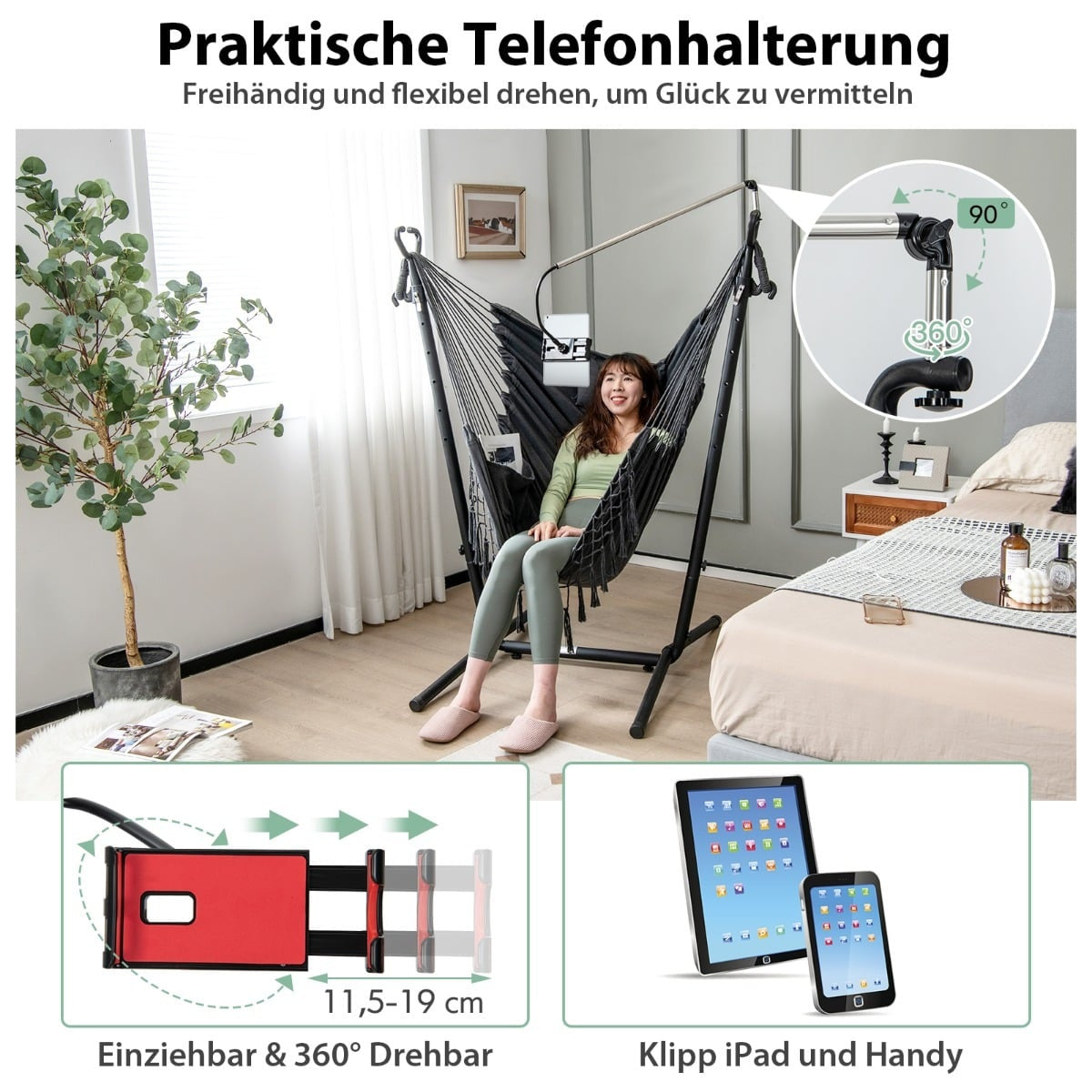 Adjustable Hanging Chair with Stand, Cushion, Gray, 250kg Capacity