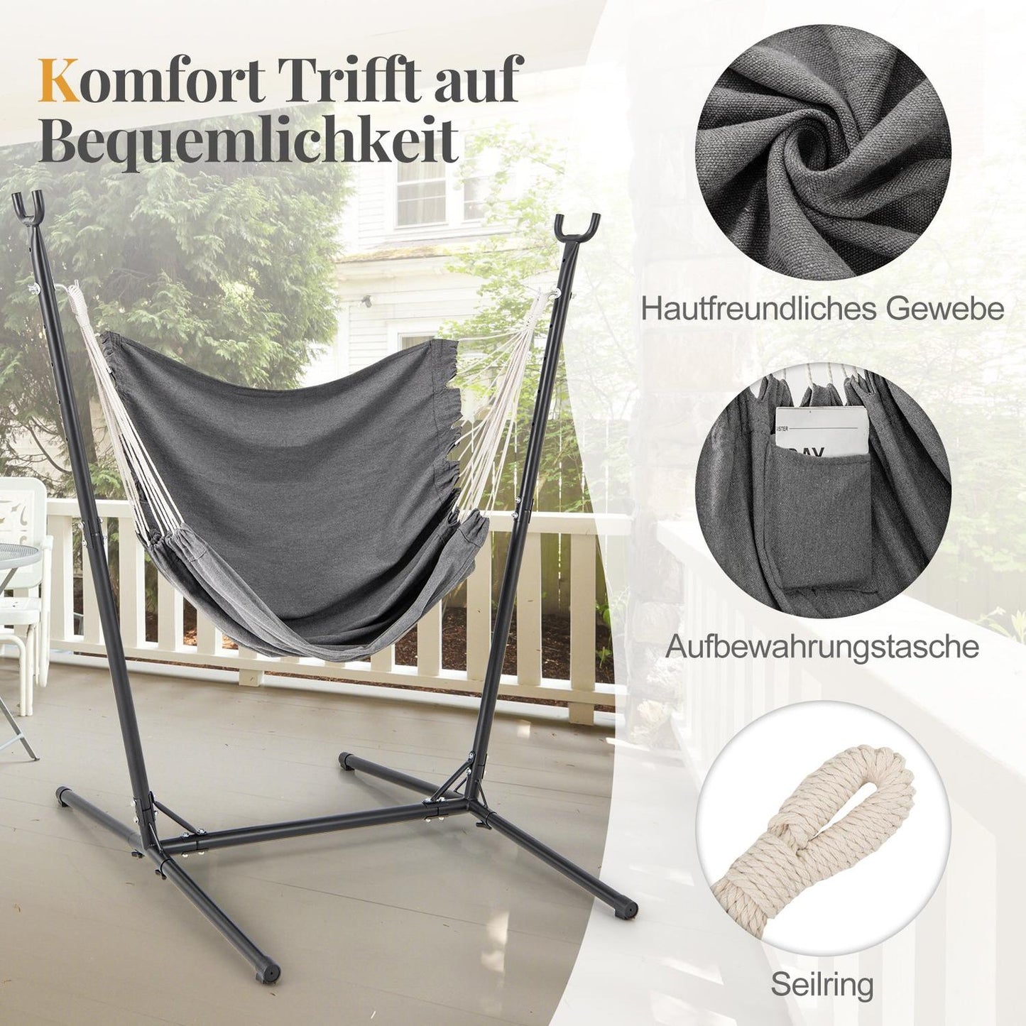 Adjustable Hanging Chair with Stand, Side Pocket, 120kg Capacity
