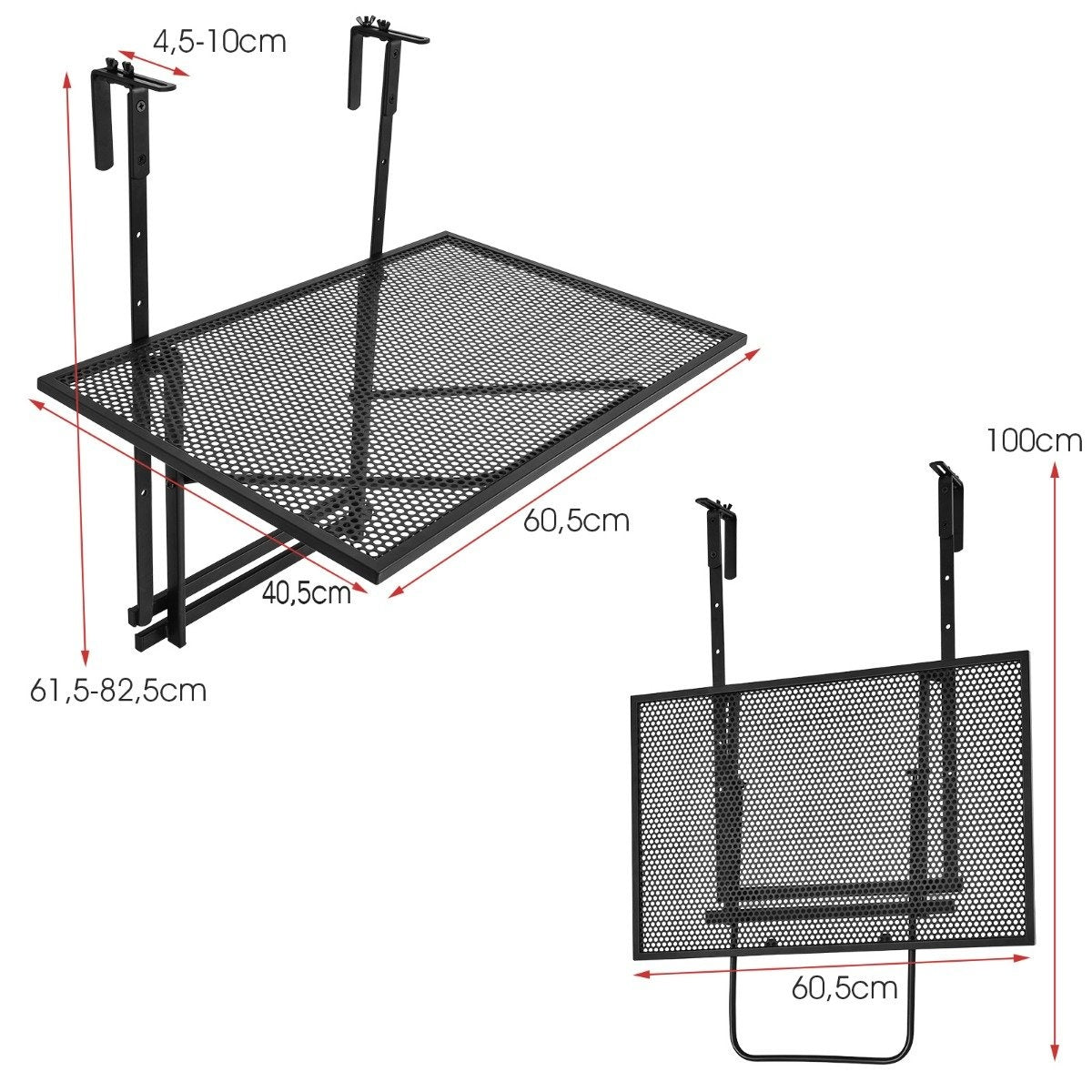 Adjustable Hanging Iron Shelf – 5 Heights, 60.5 x 48 cm, Black