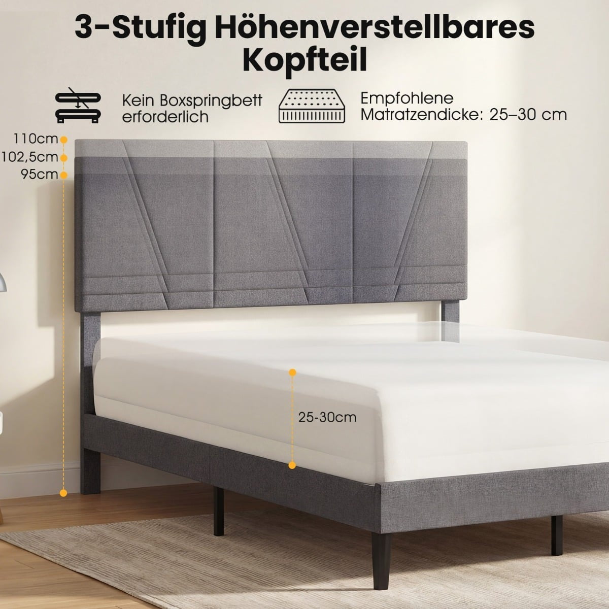 Adjustable Headboard Double Bed Frame, 160x200 cm, Dark Grey