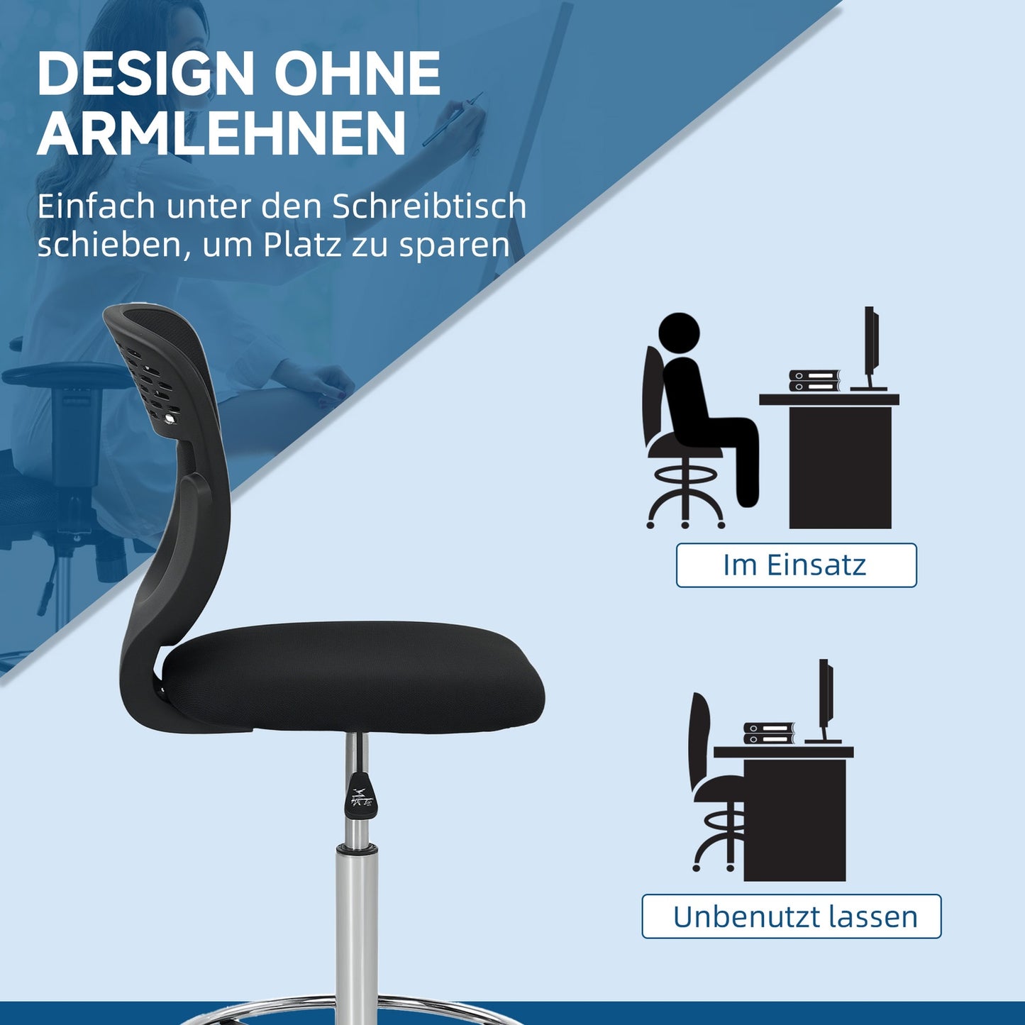 Adjustable Height Office Chair – Black, Padded, No Arms