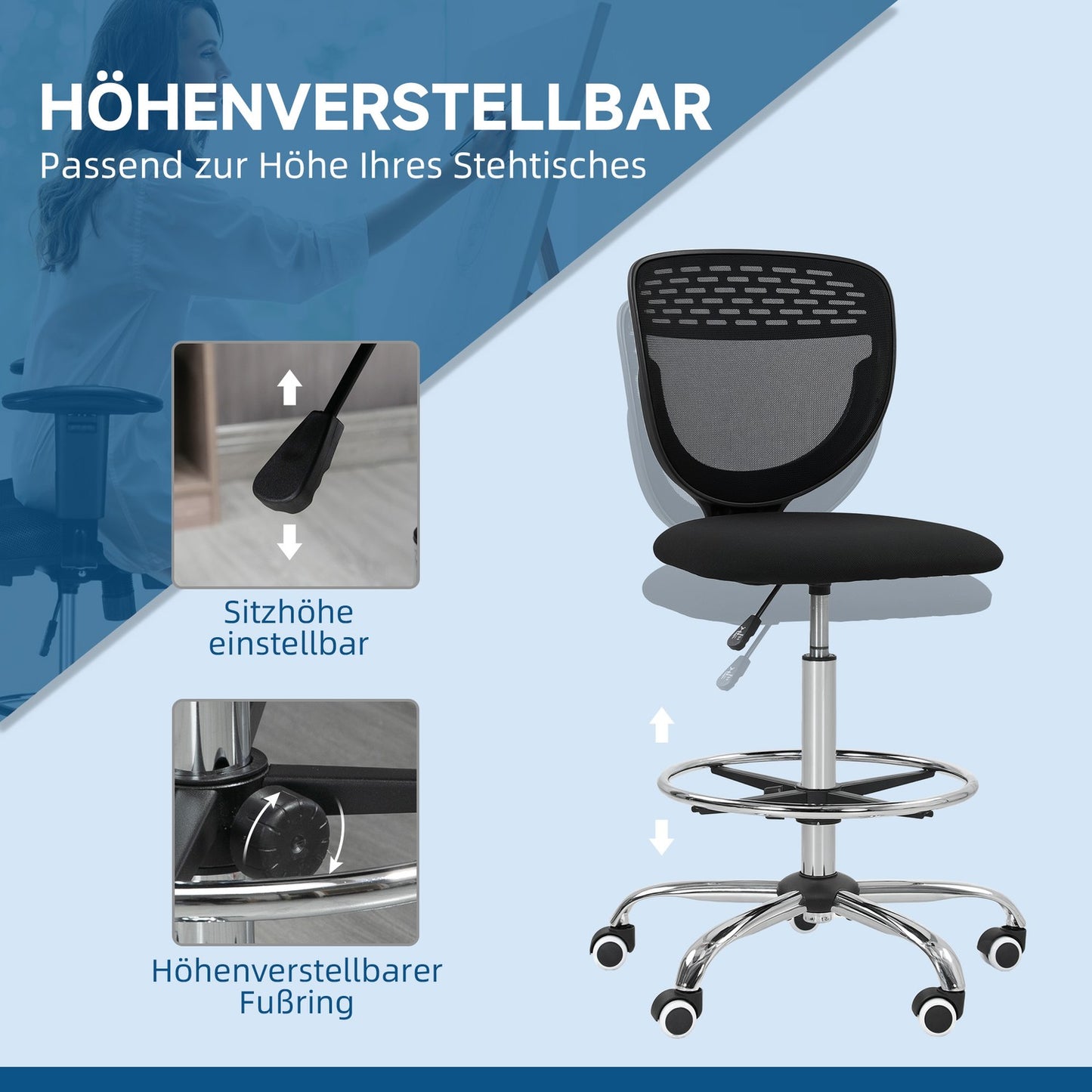 Adjustable Height Office Chair – Black, Padded, No Arms