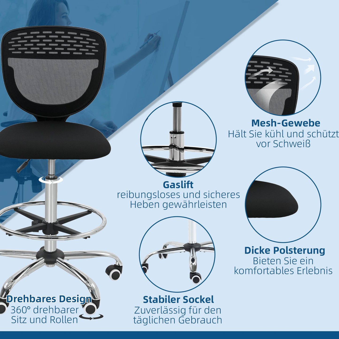 Adjustable Height Office Chair – Black, Padded, No Arms