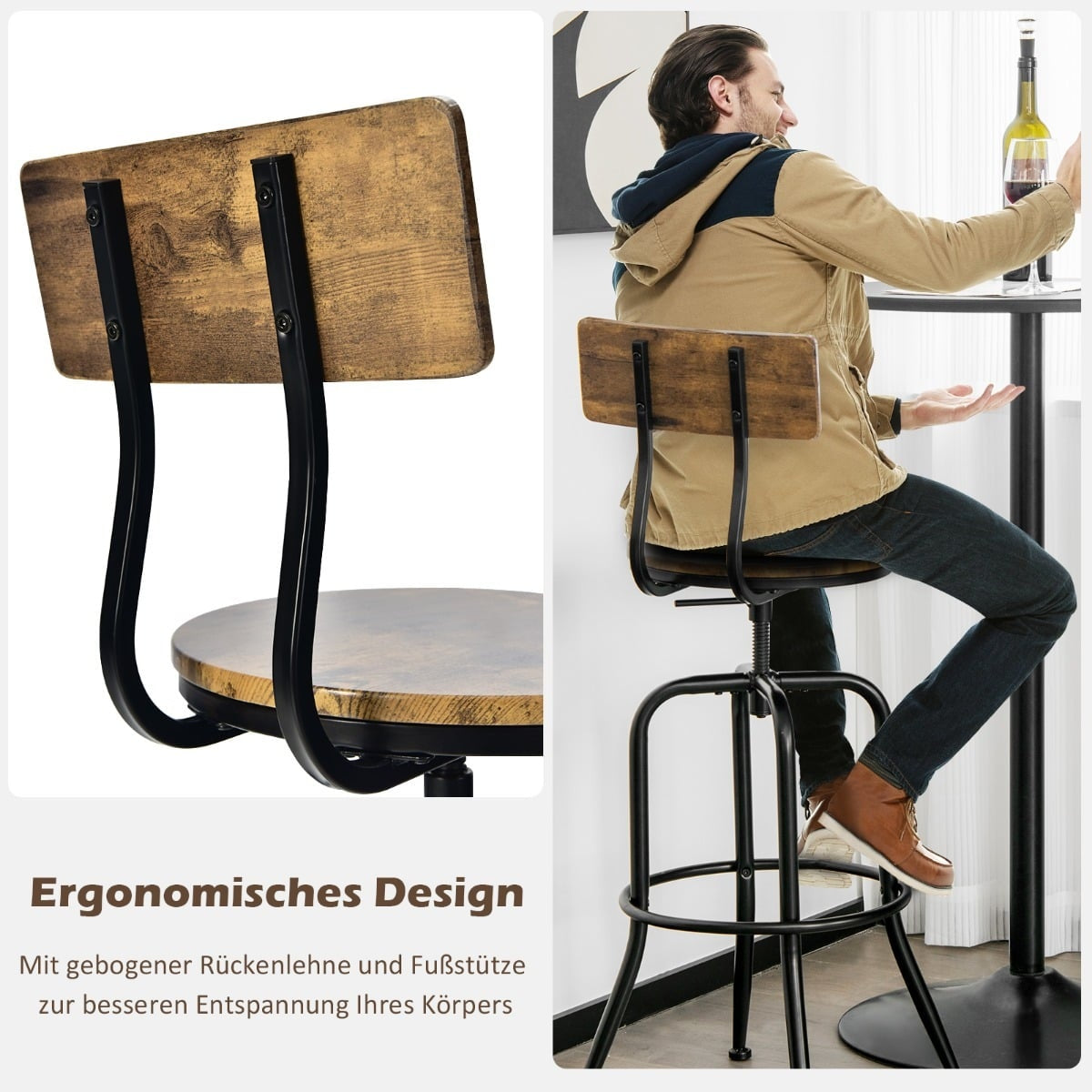 Adjustable Industrial Bar Stools, Swivel, Set of 2, Brown