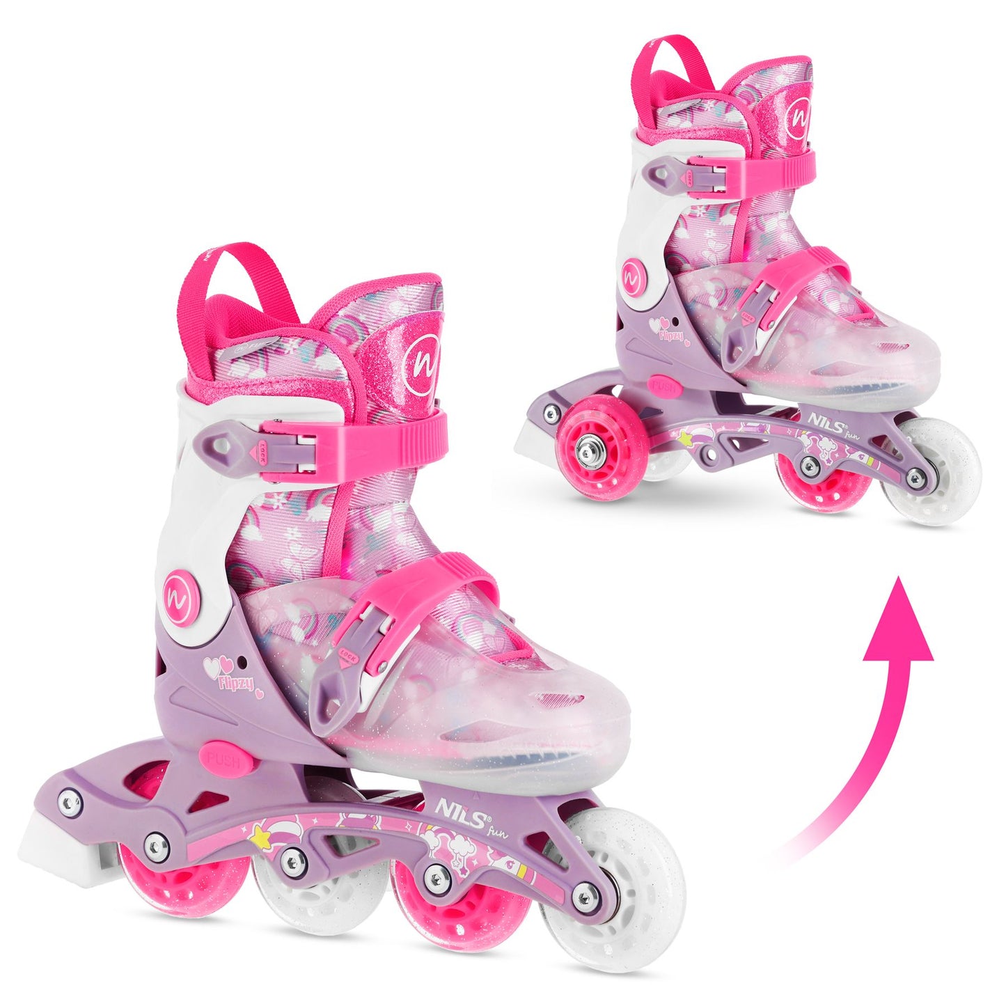 Adjustable Inline Skates, Pink, Size S (31-34), 2-in-1 Function