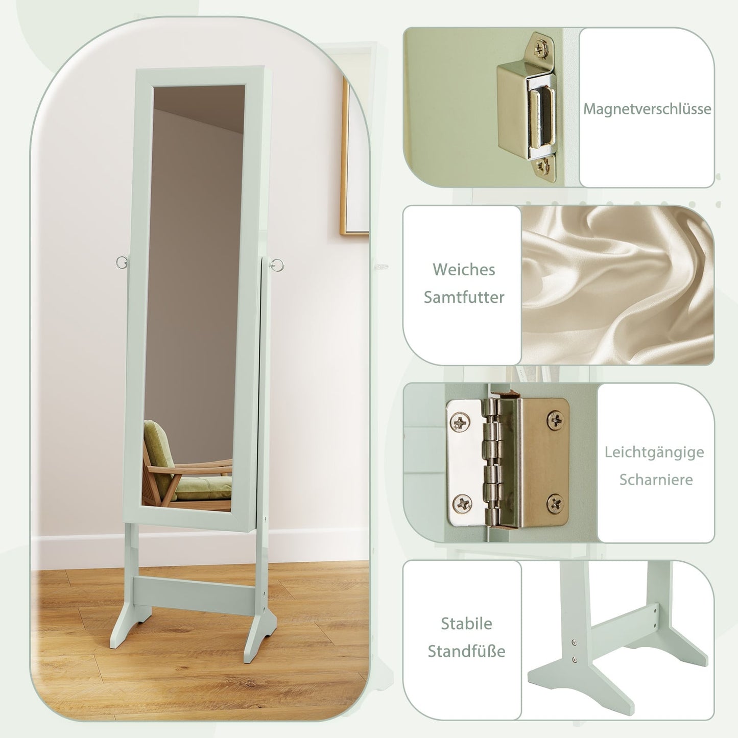 Adjustable Jewelry Cabinet with Full-Length Mirror, Green