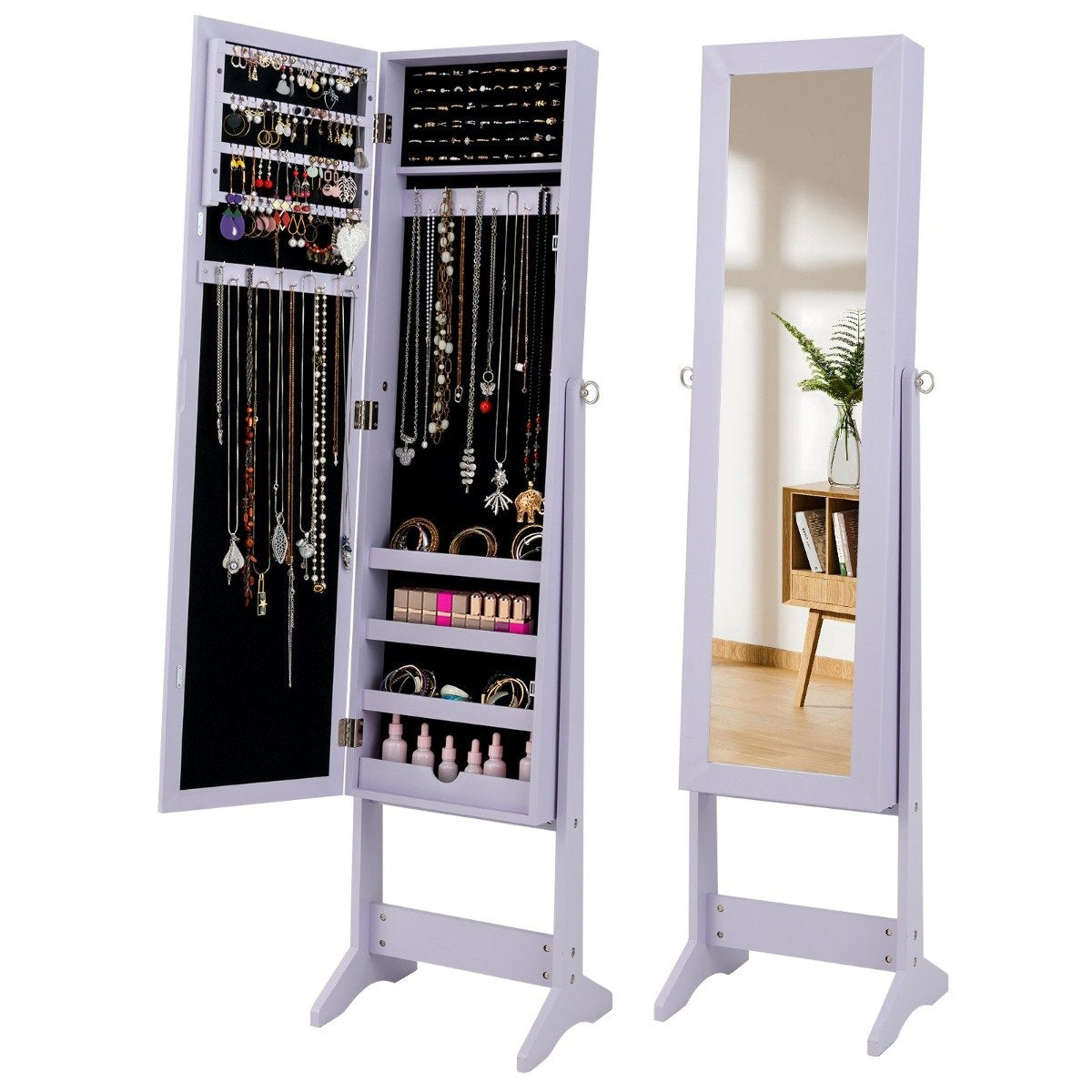 Adjustable Jewelry Cabinet with Full-Length Mirror, Purple