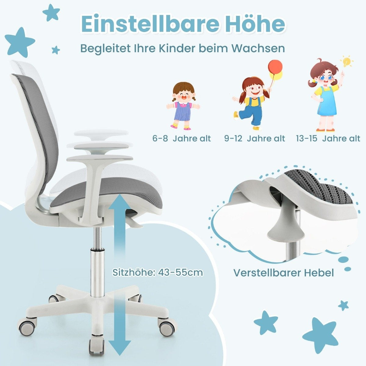 Adjustable Kids Desk Chair with Seat Brake, Ergonomic, Gray