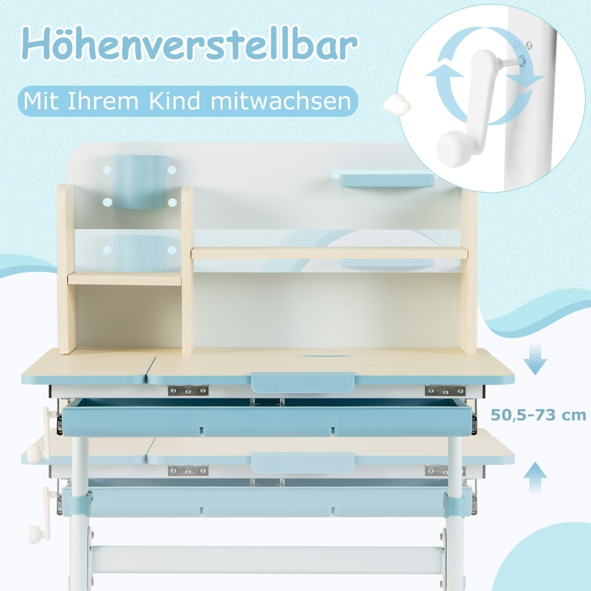 Adjustable Kids Desk with Tilt Top, Shelves, Drawer – Blue
