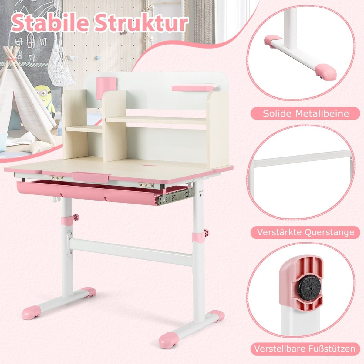 Adjustable Kids Desk with Tilt Top, Shelves & Drawer