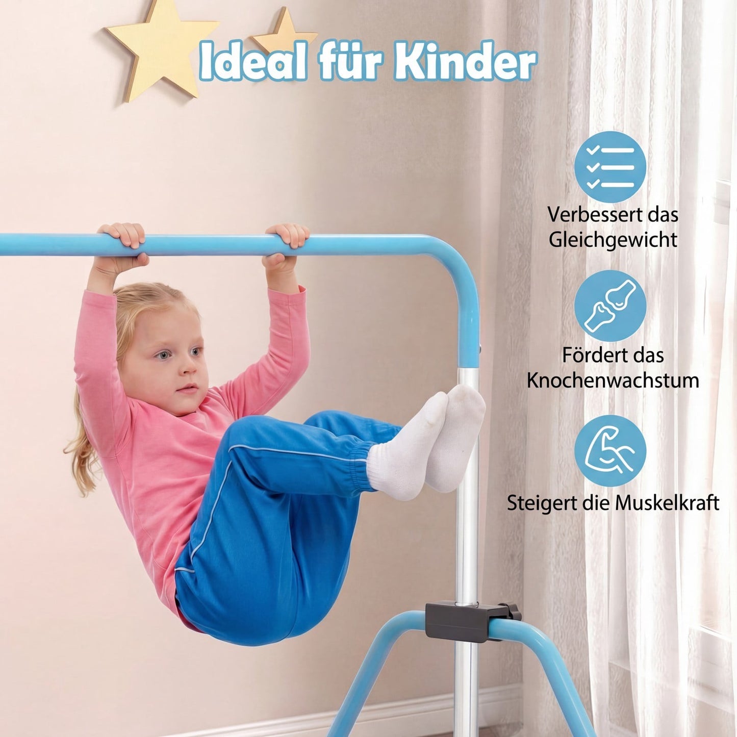 Adjustable Kids Gymnastics Bar, Foldable, 90-130 cm, Blue