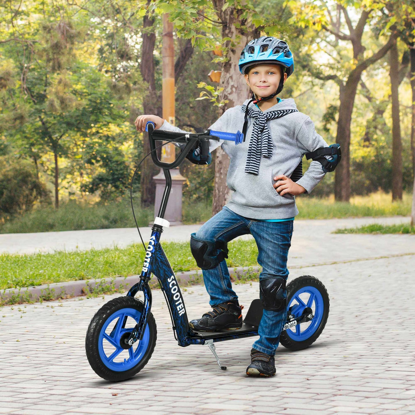 Adjustable Kids Scooter with Brake, Stand, Steel, Blue