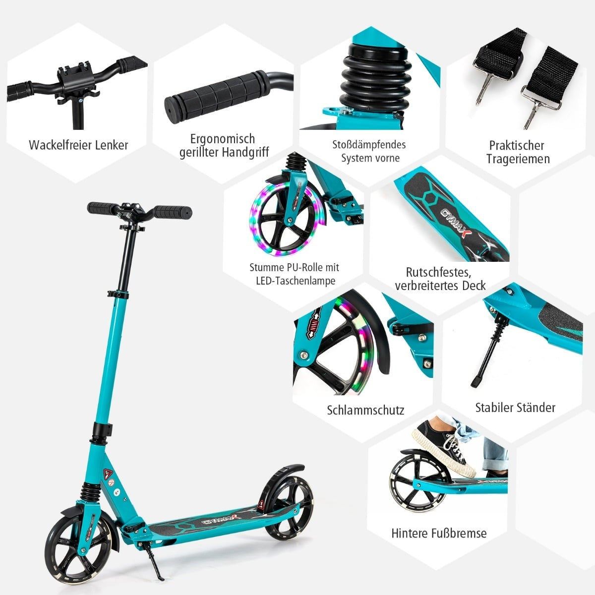 Adjustable Kids Scooter with LED Wheels, Foldable, Turquoise