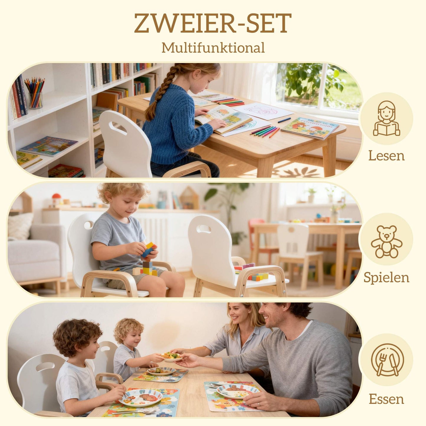 Adjustable Kids Wooden Chair Set, Non-Slip Pads, Ages 3-15