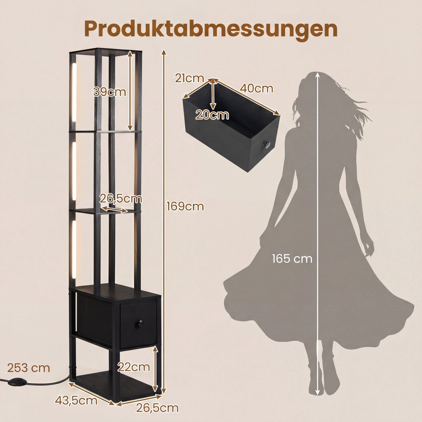 Adjustable LED Floor Lamp with Shelves and Table, Black