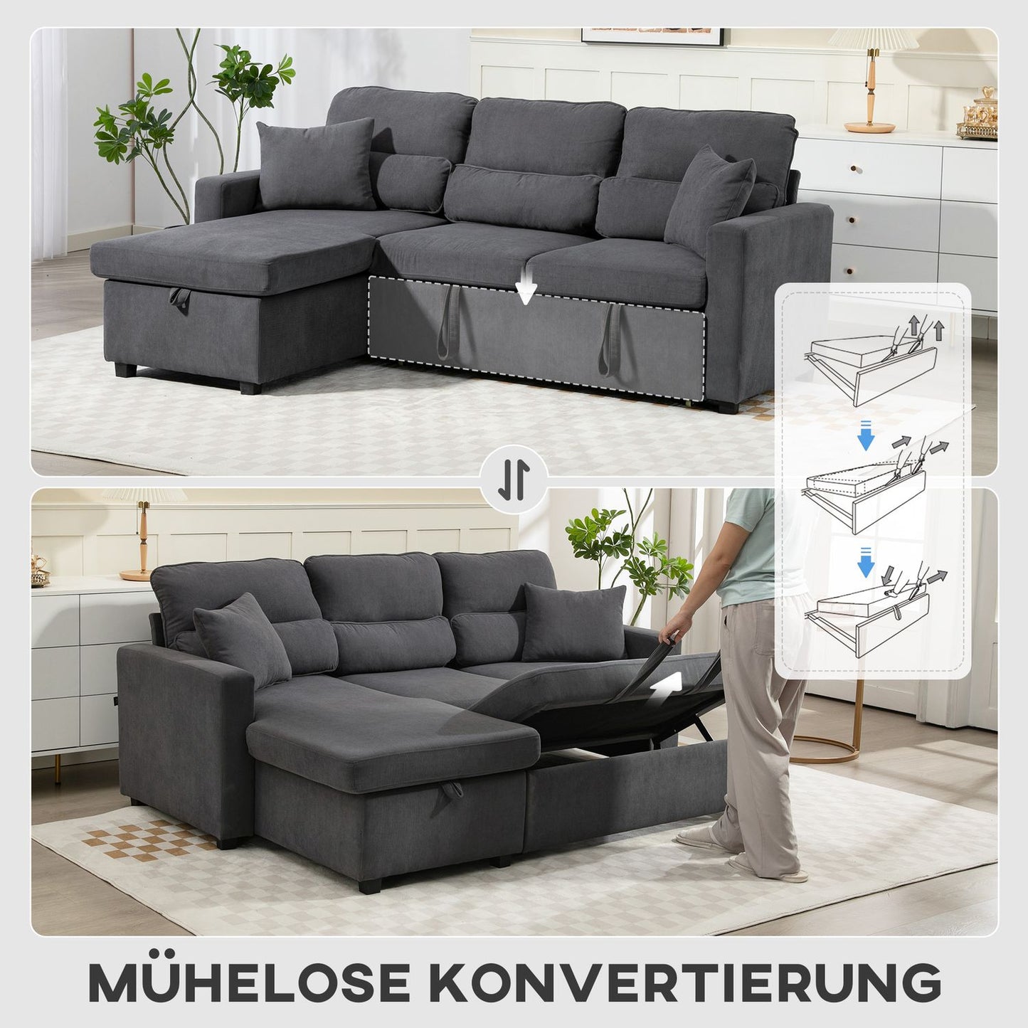 Adjustable L-Shaped Sofa Bed with Storage, Dark Gray