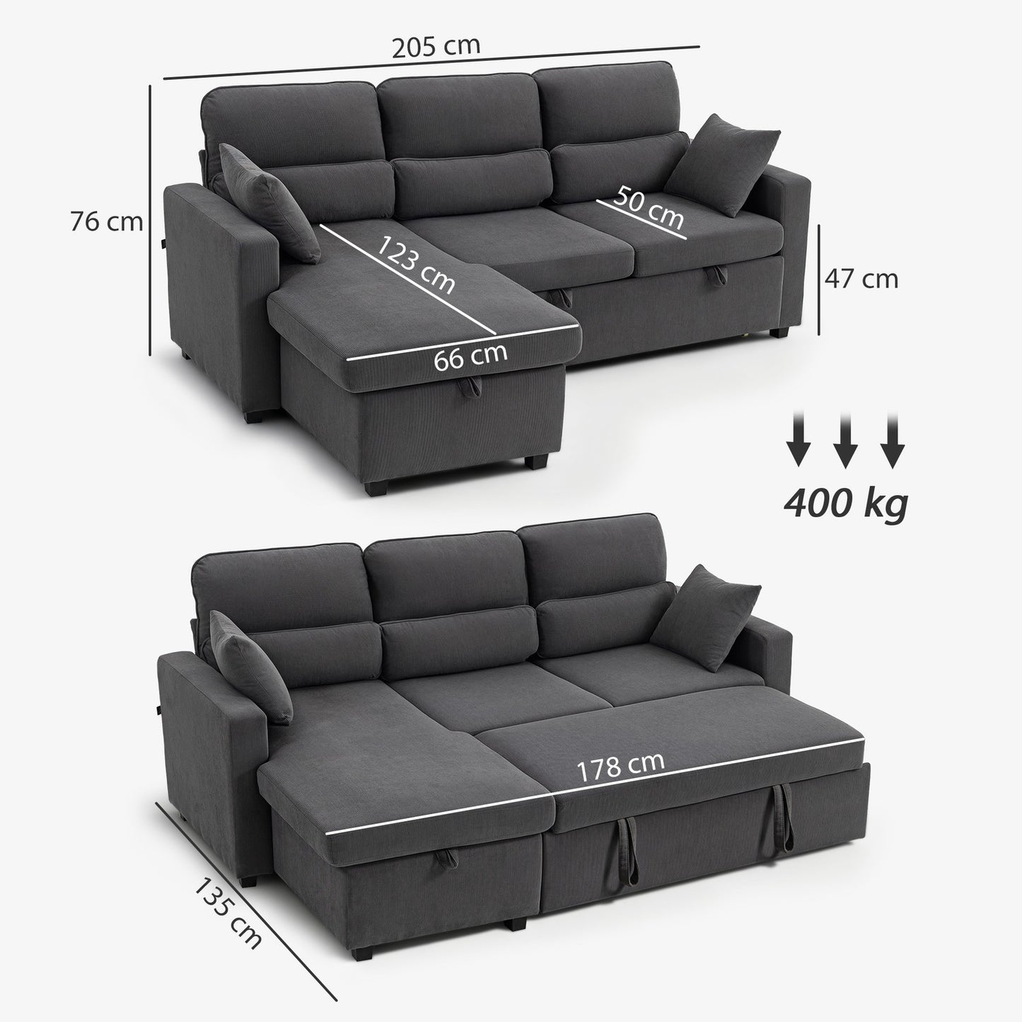 Adjustable L-Shaped Sofa Bed with Storage, Dark Gray