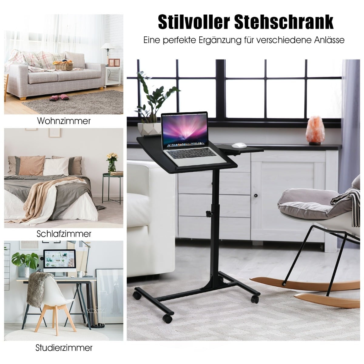 Adjustable Laptop Desk with Wheels, 64x45x71-93 cm, Black