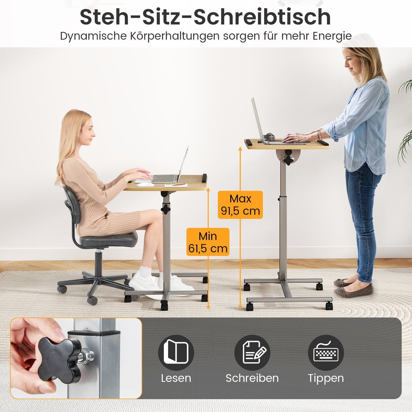 Adjustable Laptop Desk with Wheels, Tiltable, 60×40×71-91cm