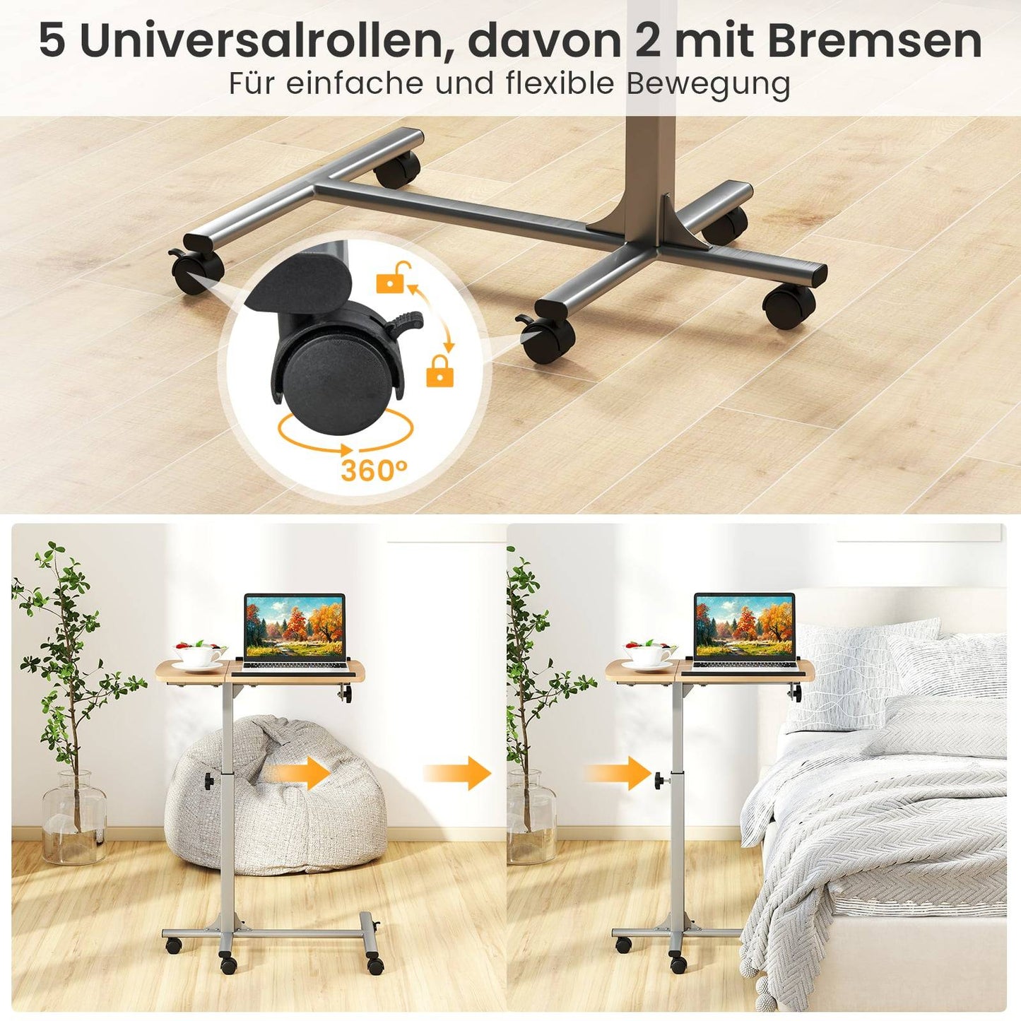 Adjustable Laptop Desk with Wheels, Tiltable, 60×40×71-91cm
