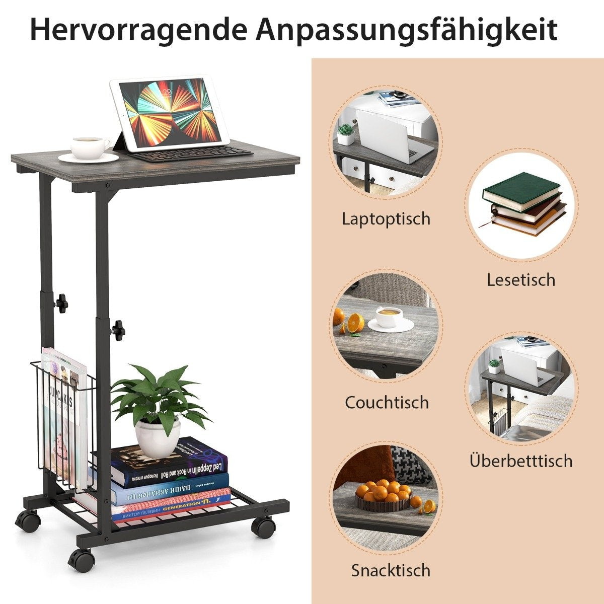 Adjustable Laptop Table with Storage Basket & Wheels